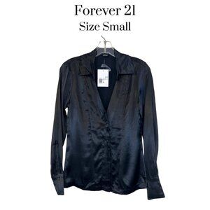 NWT Forever 21 Silky Black Button Down Blouse Small 100% Viscose Long Sleeve Top